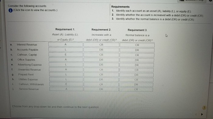 Identify each account as an asset liability or equity